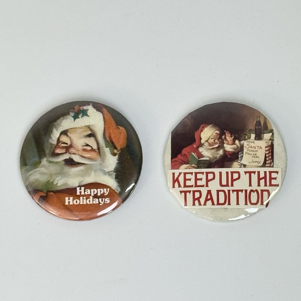 2 Vintage Pinback Buttons Hallmark USA Santa Claus Happy Holidays + Badge A Mint
